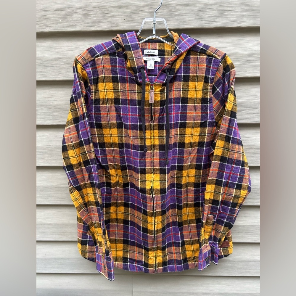 LL Bean size M yellow scotch plaid zip up flannel hoodie jacket Gorpcore Fall